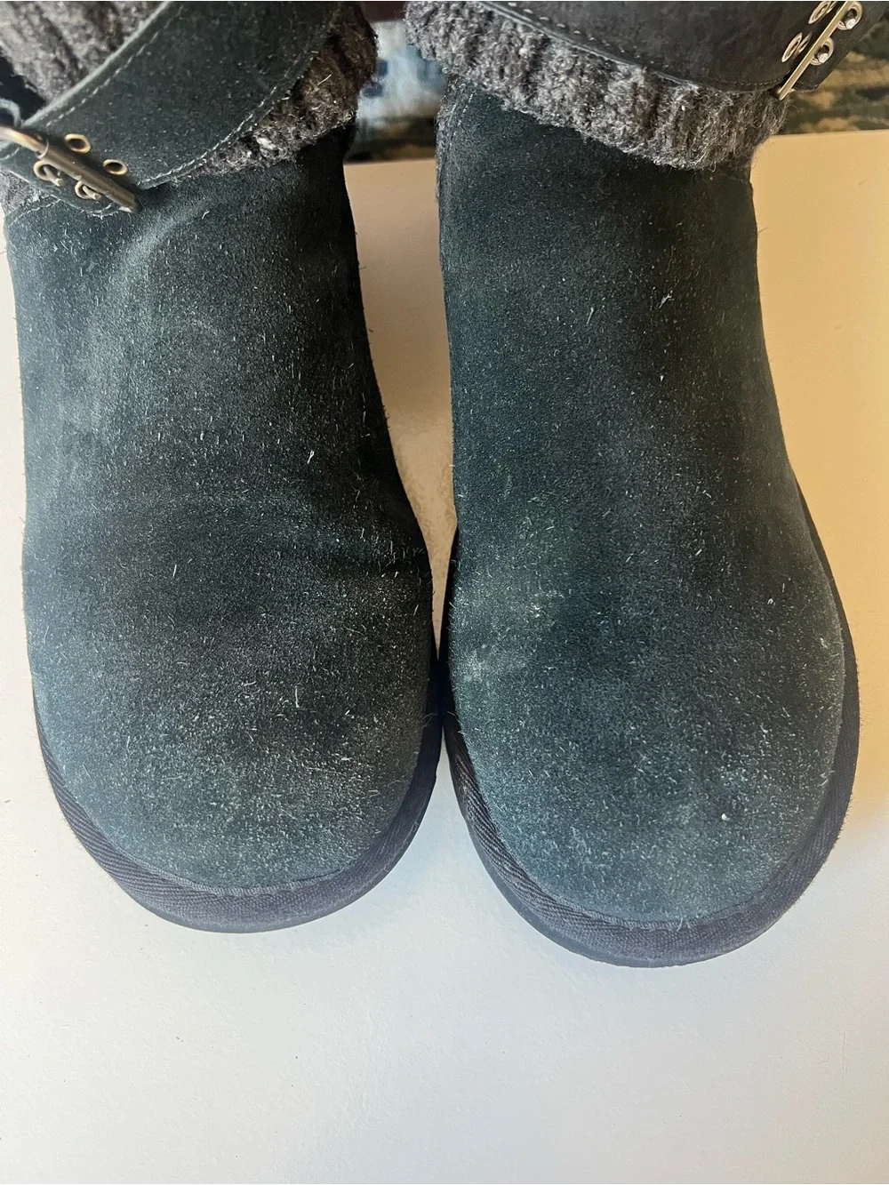 UGG Black Suede Tall Knit-Trim Boots with Buckle